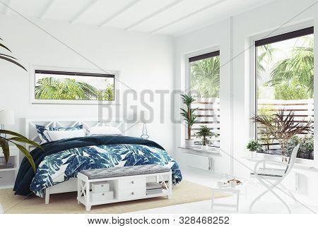 White Tropical Bedroom Interior, Coastal Style, 3d Illustration