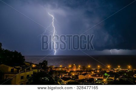 Scenic Lightning Over The Sea, Night Scene