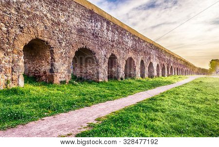 Ruins Of The Iconic Parco Degli Acquedotti, Rome, Italy. The Public Park Is Named After The 7 Ancien