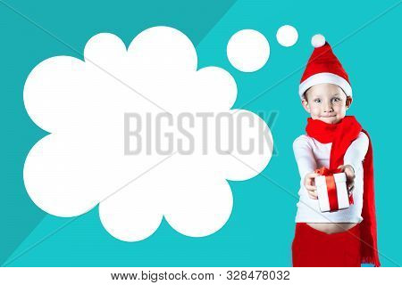 Little Cheerful Santa Gives A Gift On A Mint Background
