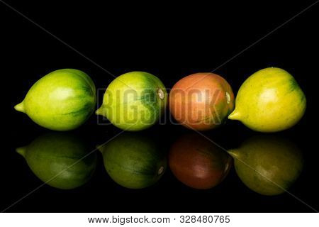 Group Of Four Whole Fresh Tomato De Barao In Row Isolated On Black Glass