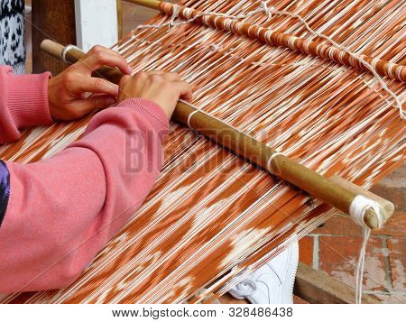 Close Up Of Traditional Weaving Technique Ikat For Making Scarfs Or Macana Or Other Fabric By Hand W