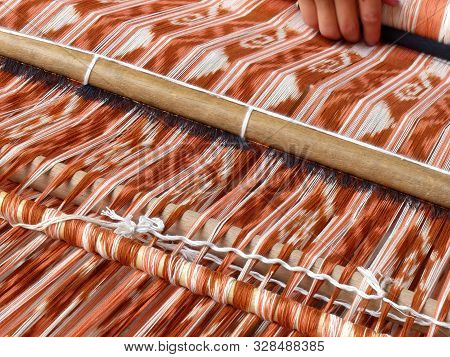 Close Up Of Traditional Weaving Technique Ikat For Making Scarfs Or Macana Or Other Fabric By Hand W