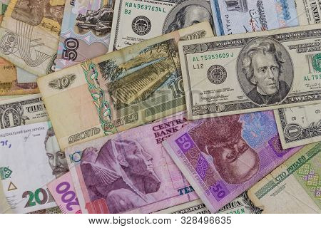 Multicurrency Background Of Us Dollars, Russian Rubles, Belarusian Rubles, Egyptian Pounds And Ukrai