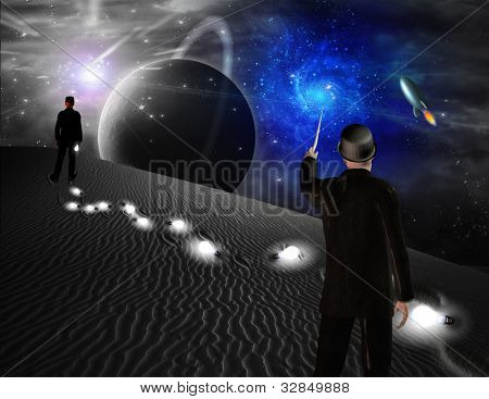 Punti uomo verso la galassia nella scena della fantascienza