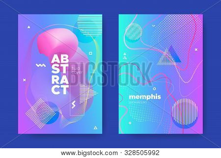 Blue Music Flyers. Electronic Sound Brochure. Hipster Gradient Design. Bright Liquid Shape. Modern M