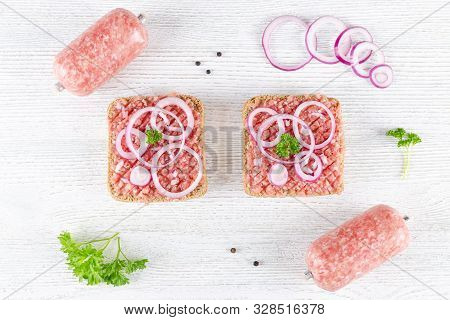 German Food Mett Ground Pork, Bun And Raw Meat With Onion, Pepper And Parsley, Ingredients