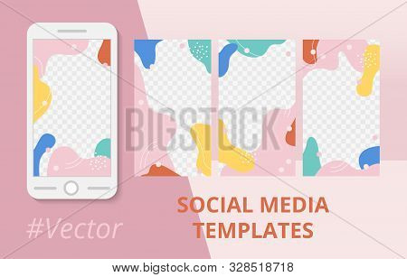 Modern Design Backgrounds For Social Media Banner With Pastel Fluid Shapes In Memphis Style. Set Of 