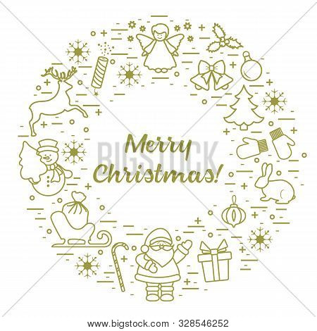 Merry Christmas Vector Illustration. Happy New Year 2020. Santa Claus, Gift, Candy Cane, Rabbit, Mit