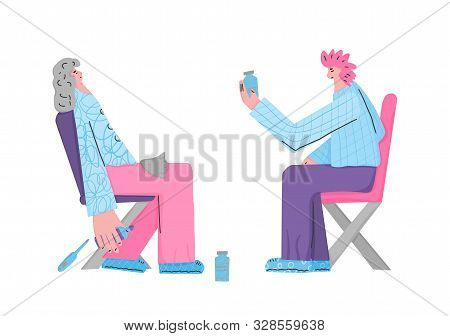 Flu Treatment. Young Female Character Sitting On The Chair With Running Nose And Pills. Vector Flat 