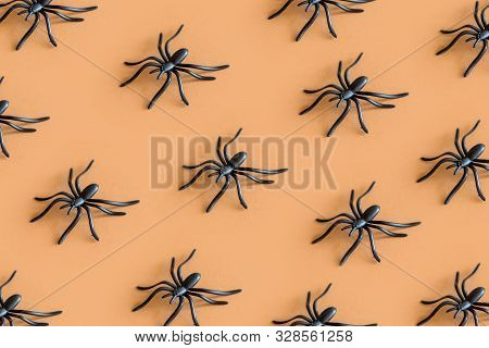 Halloween Background Decoration Holiday Concept. Minimal Isometric Pattern Of Black Spide