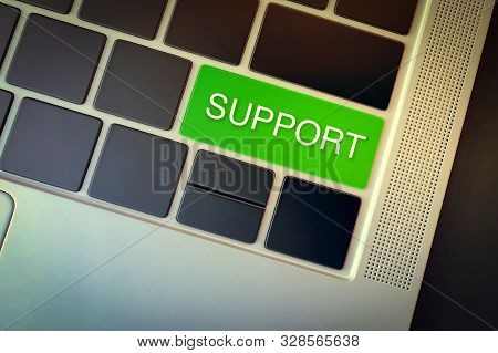 Support Concept. Word Inprinted On The Keyboard Key With Green Color Highlight.