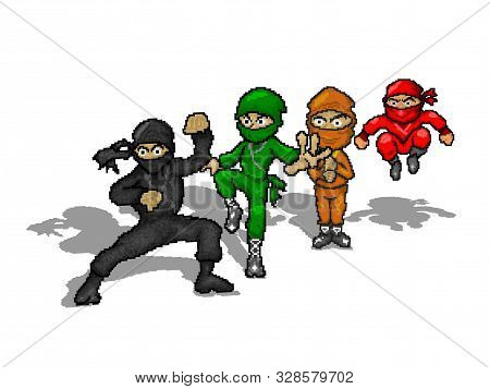 Pixel Art Ninja Squad , Ninjas Illustration 3d Cartoon Character. Isolated White Background. Ninja A