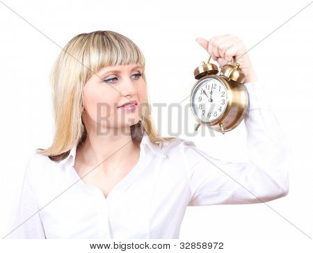 Donna d'affari giovane azienda orologio isolata on white