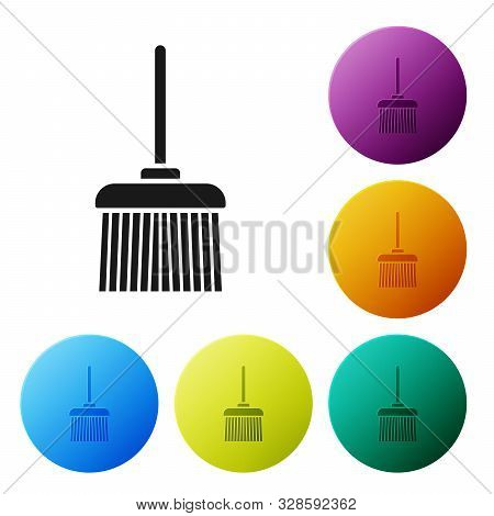 Black Handle Broom Icon Isolated On White Background. Cleaning Service Concept. Set Icons Colorful C