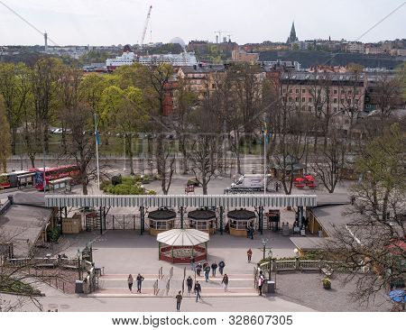 Stockholm, Sweden - April 30, 2019: Main Entrance To The Skansen Park Museum. In The Background, A S
