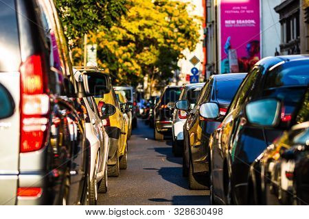 Car Traffic At Rush Hour In Downtown Area, Victoriei Boulevard (calea Victoriei) In Bucharest, Roman