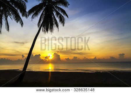 Sunrise Morning And Coconut Idyllic On Beach At Thung Wua Lan Beach, Chumphon Province Thailand