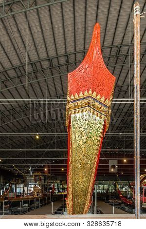 Bangkok City, Thailand - March 17, 2019: Royal Barge National Museum. Closeup Of Red And Golden Top 