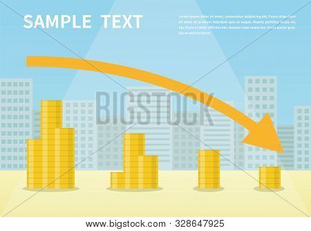 Money Loss Vector Illustration, Flat Cartoon Cash With Down Arrow Stocks Graph, Concept Of Financial