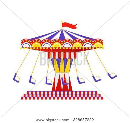 Swing Carousel Ride. Vector. Vintage Carrousel. Amusement Park Theme. Funfair Flat Icon, Isolated On