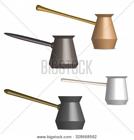 Set Of Various Glossy Coffee Turks Isolated On A White Background. Front View, Vector Illustration.