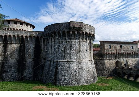 Sarzana / Liguria, Italy - October 18,2019: Ancient Firmafede Medieval Fortress In Sarzana, Italy. R