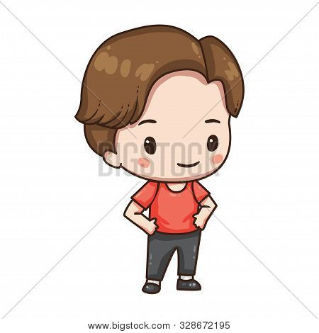 Vector Illustration Of Cute Chibi Character Isolated On White Background. Cartoon Boy In Sport Wear 