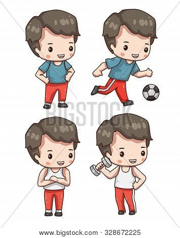Vector Illustration Of Cute Chibi Character In Various Pose Isolated On White Background. Collection