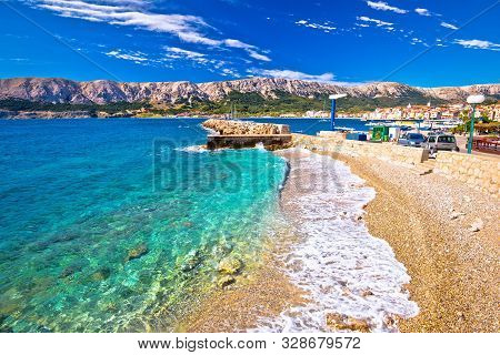 Baska. Idyllic Pebble Beach And Town Of Baska View, Island Of Krk In Kvarner Bay Of Croatia