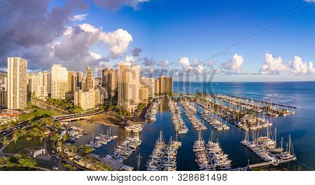 USA, Hawaii - August 30, 2018: Aerial view of the Ala Wai Boat Harbor in Honolulu