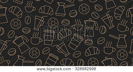Seamless Pattern Of Line Icons Of Coffee Beans, Cups, Donuts, Croissants, Cezve, Coffee To Go, Packa