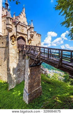Lichtenstein Castle With Wooden Bridge, Baden-wurttemberg, Germany. This Fairy Tale Castle Is A Land