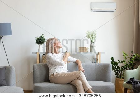 Middle Aged Woman Switching On Air Conditioner In Living Room