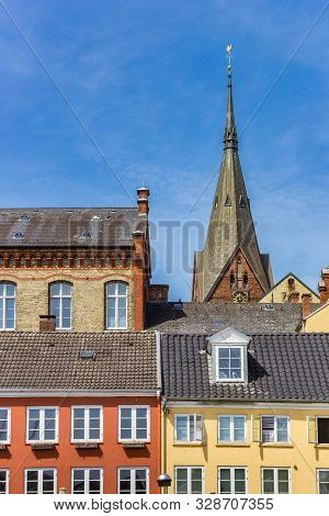 Colorful Houses And Church Tower In Flensburg, Germany