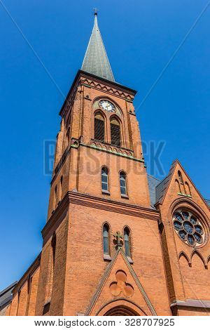 Tower Of The Historic Marienkirche Church In Flensburg, Germany