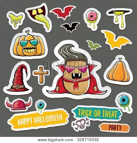 Vector Halloween Sticker Icons Set With Dracula, Witch Hat, Scary Pumpkin, Bat , Skull, Happy Hallow