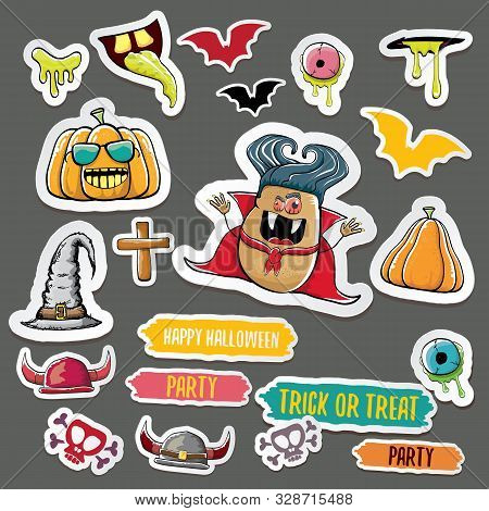 Vector Halloween Sticker Icons Set With Dracula, Witch Hat, Scary Pumpkin, Bat , Skull, Happy Hallow