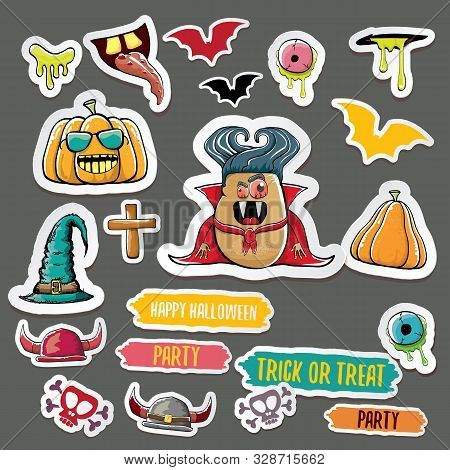 Vector Halloween Sticker Icons Set With Dracula, Witch Hat, Scary Pumpkin, Bat , Skull, Happy Hallow