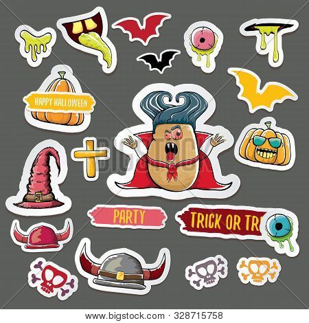 Vector Halloween Sticker Icons Set With Dracula, Witch Hat, Scary Pumpkin, Bat , Skull, Happy Hallow