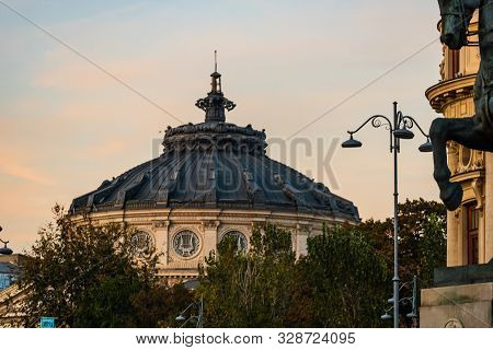 Detail View Over The Romanian Athenaeum Or Ateneul Roman, In The Center Of Bucharest, Romania, 2019
