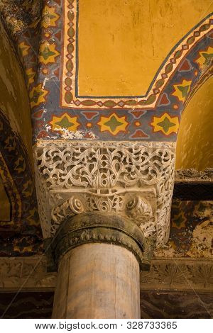 Istanbul, Turkey - September 5th 2019. Details From Top Of A Column In Ayasofia Or Hagia Sofia In Su