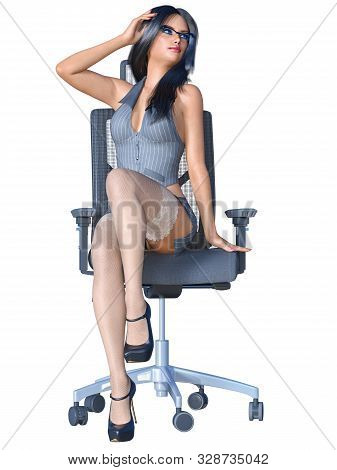 Long-haired Brunette Secretary In White Stocking.