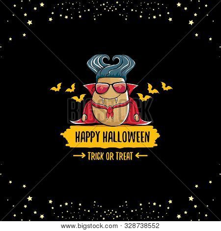 Vector Funny Cartoon Cute Dracula Potato With Fangs And Red Cape Isolated On Dark Background. My Nam