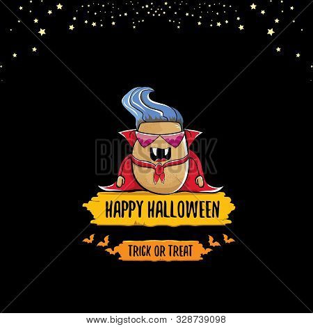 Vector Funny Cartoon Cute Dracula Potato With Fangs And Red Cape Isolated On Dark Background. My Nam