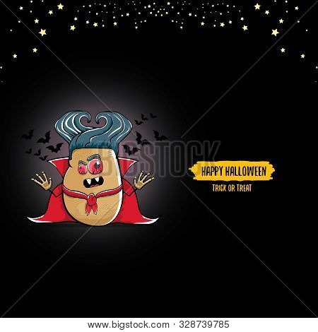 Vector Funny Cartoon Cute Dracula Potato With Fangs And Red Cape Isolated On Dark Background. My Nam
