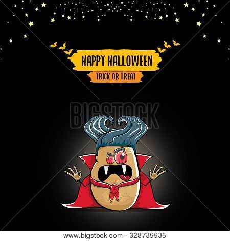 Vector Funny Cartoon Cute Dracula Potato With Fangs And Red Cape Isolated On Dark Background. My Nam