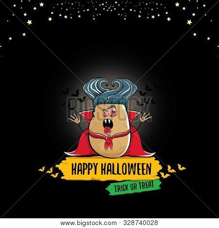 Vector Funny Cartoon Cute Dracula Potato With Fangs And Red Cape Isolated On Dark Background. My Nam