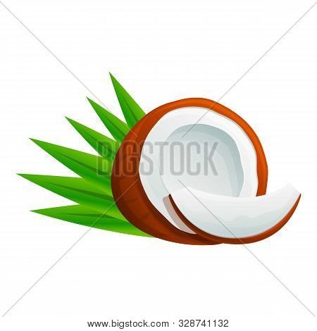 Coconut With Leaf Icon. Cartoon Of Coconut With Leaf Vector Icon For Web Design Isolated On White Ba
