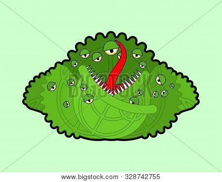 Сabbage Monster Gmo Mutant. Genetically Modified Angry Vegetable With Teeth. Hungry Alien Food Vecto